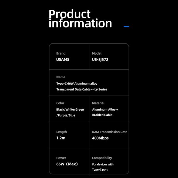 کابل تبدیل USB به USB-C یوسمز مدل US-SJ572 (اطلاعات)